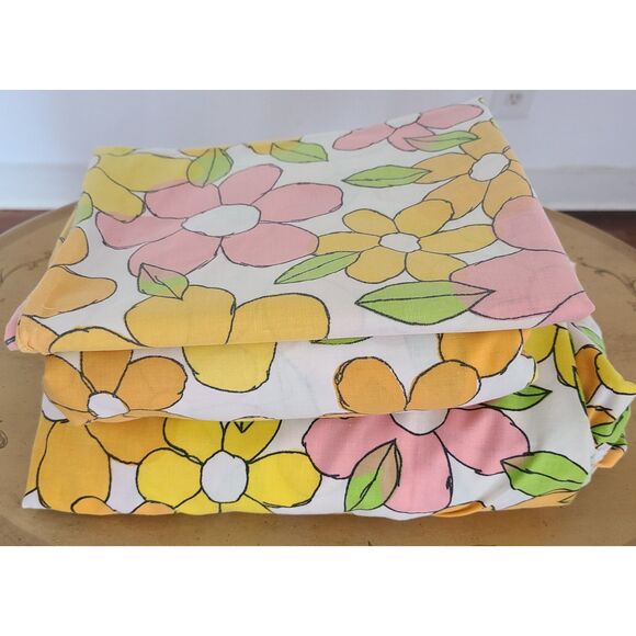 Vintage Floral Twin Sheet Set Fitted Flat & Pillowcase Flower Power Girly Girls - Picture 1 of 3